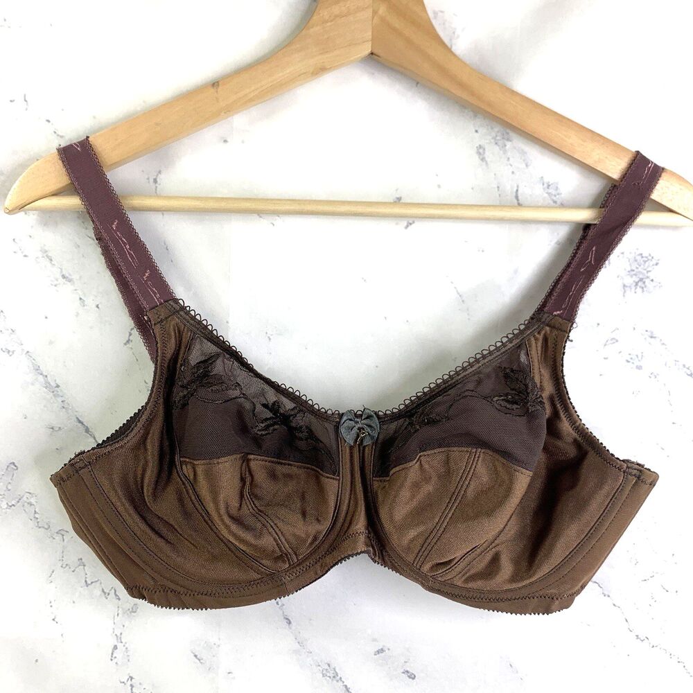 Vtg 90s Brown Satin Bra Sz 34D Unlined Underwire Lace Cups Lace Retro Support